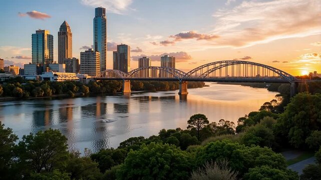 Stunning Brisbane Skyline at Golden Hour: Sweeping River View in 4K Video Footage, Perfect for Travel, Tourism, and Urban Development Projects