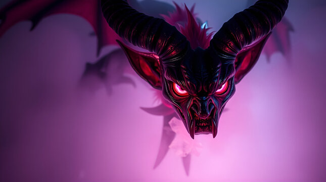 Closeup of a menacing, dark fantasy demon or devil creature with glowing red eyes and large horns emerging from thick purple or pink mist or smoke, creating an eerie and mysterious atmosphere - Powered by Adobe