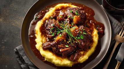 Braised meat dish on polenta, beautifully presented on a plate, tempting culinary delight