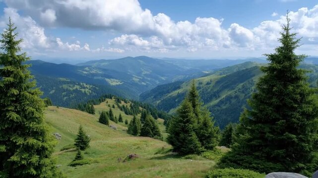 A breathtaking panorama unfolds across a majestic mountain landscape, showcasing rolling green hills and lush valleys extending into the horizon under a brilliant blue sky adorned with fluffy white cl