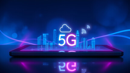 5g network technology emerging from a digital tablet screen displaying a neon cityscape with cloud computing and wireless signal icons against a dark blue and purple glowing back