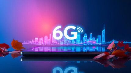 Futuristic concept of 6g mobile network technology emerging from a smartphone screen with a glowing neon cityscape silhouette against a dark blue and pink gradient background, symbolizing next generat