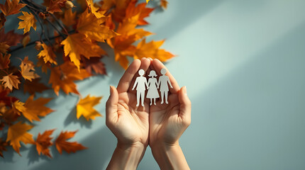 Hands gently holding paper cutout silhouettes of a family against a soft blue background with Copy Space andvibrant orange autumn maple leaves casting shadows, symbolizing protection and care