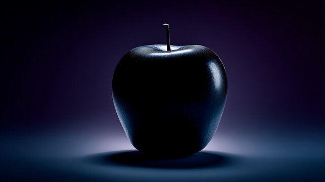 Dark black apple isolated on moody purple background with dramatic lighting
