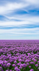 Fototapeta premium Field of purple flowers under a vast blue sky with wispy clouds.