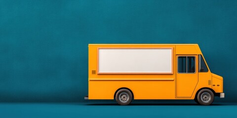 Small business branding mockup, A vibrant yellow food truck stands against a teal background, featuring a blank side ready for branding or advertising.