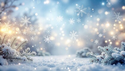 Enchanting winter wonderland snowflakes falling over a serene snow-covered landscape in a dreamy atmosphere captured in a soft focus view to evoke holiday cheer and tranquility
