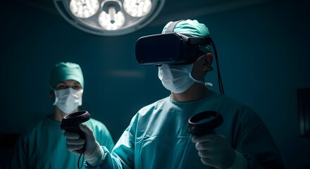 Surgeon immersed in virtual reality training for precision surgery, assisted by colleague in modern operating room setting, medical innovation