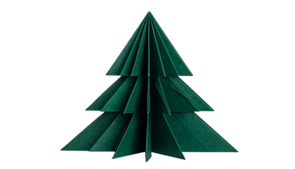 Dark Green Folded Paper Origami Christmas Tree, Isolated on a White or Transparent Background with Copy Space