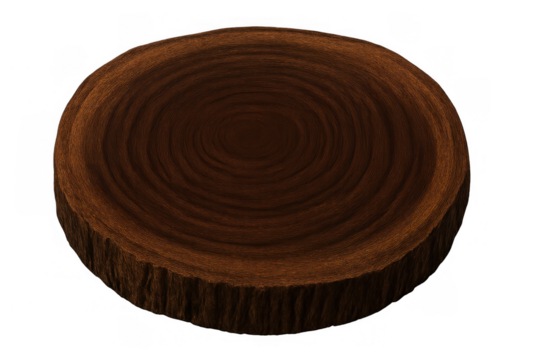 Circular wooden stump cross-section showing unique tree growth rings and rustic bark texture on a transparent background