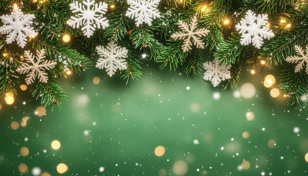 Winter wonderland celebration with festive snowflakes and twinkling lights on a lush green background perfect for holiday cards and seasonal decorations