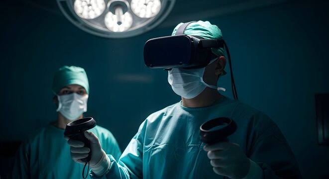 Surgeon immersed in virtual reality training for precision surgery, assisted by colleague in modern operating room setting, medical innovation