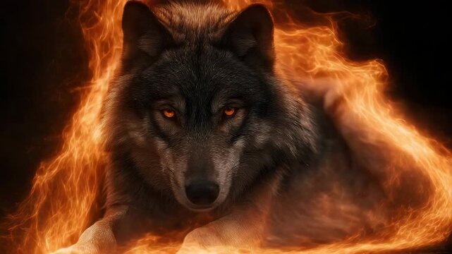 A powerful and mystical wolf emerges from the shadows, surrounded by swirling flames and glowing embers, symbolizing strength, fire, and primal energy.