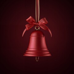 Bright Red Holiday Bell With a Bow Hanging Against a Deep Red Background