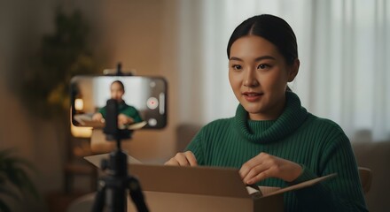 Asian woman unboxing a package while recording a video on her smartphone