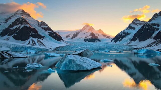 Scenic view of snow-covered mountains reflecting in a calm lake at sunrise or sunset, with glaciers and icebergs.