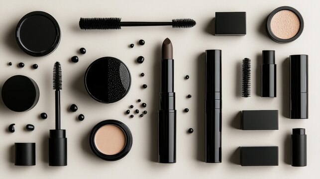 Overhead shot of assorted black cosmetic products on a white surface neatly arranged