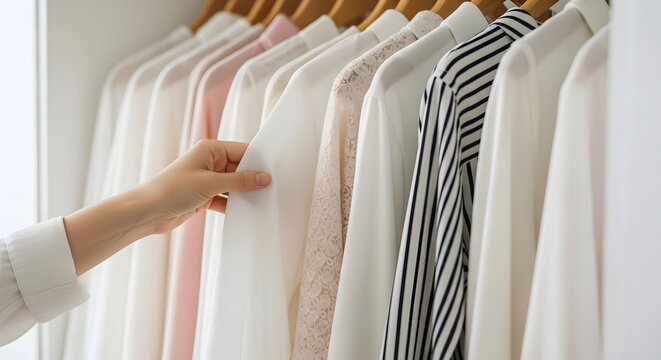 Hand reaching into a closet selecting a white shirt from a row of clothes