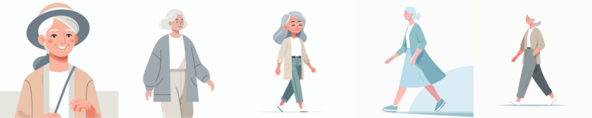 Elderly Women Walking Vector Illustration
