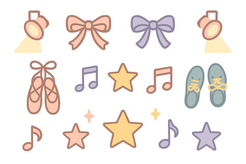 Cute set of ballet slippers, bows, spotlights, and musical notes for stage performance © Andrei