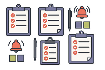 Collection of checklist clipboards, pens, and ringing notification bells for task management and reminders