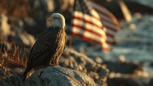 A majestic bald eagle perches on a rock during a golden sunset with the American flag blurred in the background.