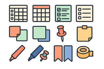 Essential office productivity icons with calendars, checklists, notes, pushpins, and highlighters