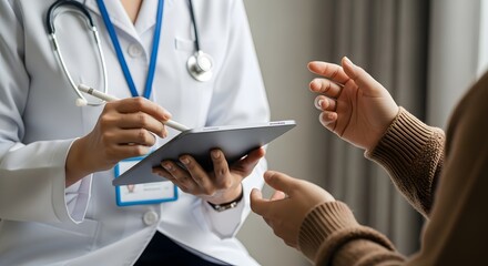 Doctor using tablet to explain diagnosis to patient, creating trust and understanding in modern medical office for better healthcare outcomes