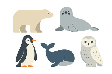 Cute Arctic and Antarctic wildlife set with polar bear seal penguin whale and snowy owl