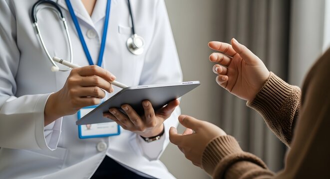 Doctor using tablet to explain diagnosis to patient, creating trust and understanding in modern medical office for better healthcare outcomes