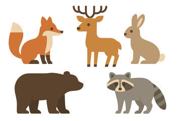 Cute flat woodland animals set: fox, deer, rabbit, bear, and raccoon characters
