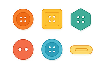 Colorful plastic sewing buttons assortment in various shapes: round, square, and hexagonal