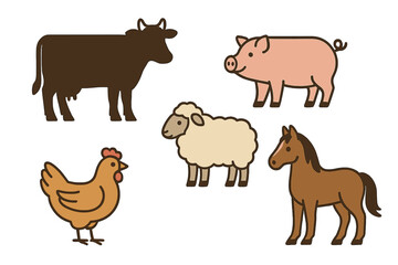Collection of five domestic farm animals: cow, pig, sheep, chicken, and horse