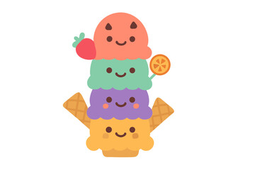 Adorable stack of four colorful ice cream scoops in a waffle cone decorated with fruit toppings and smiling faces