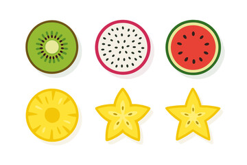 Fototapeta premium Colorful tropical fruit slices collection: kiwi, dragon fruit, watermelon, pineapple, star fruit