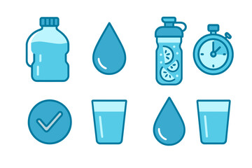 Set of icons for daily water intake, hydration tracking, fitness, and healthy lifestyle