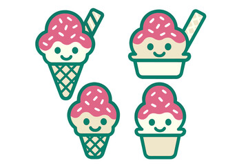 Cute smiling strawberry ice cream scoops in cones and bowls with sprinkles