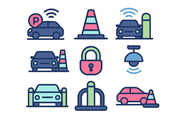 Smart parking, traffic control, and vehicle security symbols in flat line design