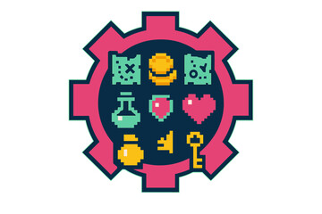 Colorful retro pixel art game items set featuring maps hearts keys and potions