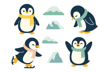 Adorable cartoon penguins in various poses wearing colorful scarves with stylized winter mountains and icebergs