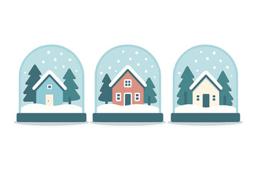 Colorful miniature houses inside glass snow globes surrounded by winter pine trees and falling snow