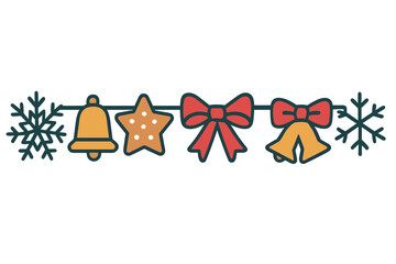 Decorative horizontal Christmas garland border featuring traditional holiday symbols like bells bows stars and snowflakes