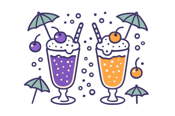 Colorful summer drinks with whipped cream, cherries, and cocktail umbrellas