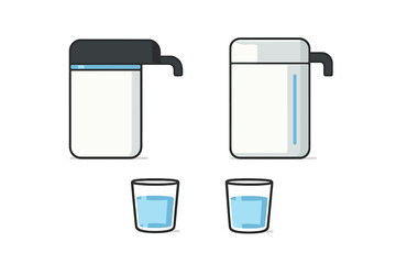 Minimalist graphic set of water dispensers and glasses for drinking water