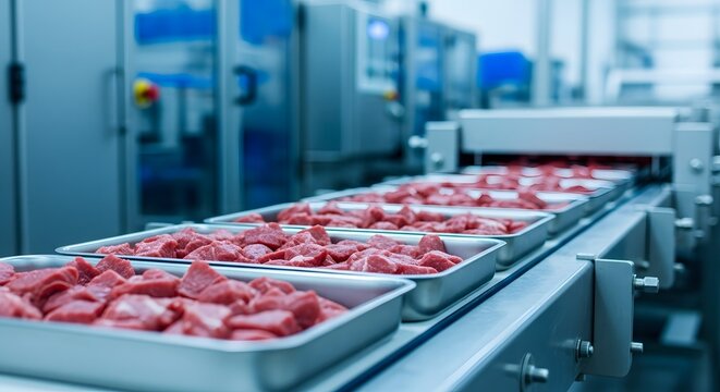 Fresh meat processing line in a modern factory