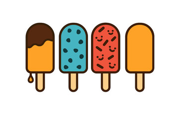Four flavored popsicles in a row, including chocolate dipped, sprinkle covered, blue, and orange