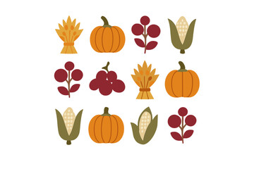 Seasonal autumn harvest icons featuring pumpkins, corn, wheat bundles, and red berries