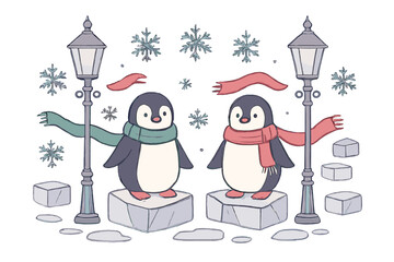 Cute cartoon penguins wearing warm scarves standing on ice blocks between vintage street lamps with falling snowflakes