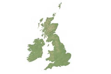 Map of british isles showing topography and geography of united kingdom and ireland with transparent background