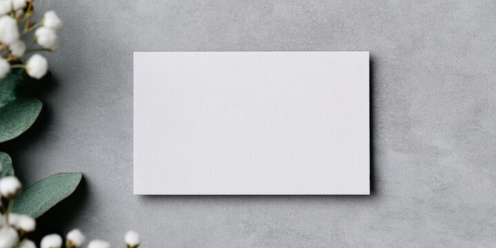 Small business branding mockup, A blank white card on a textured gray background, surrounded by delicate foliage, creating a minimalist and elegant aesthetic.